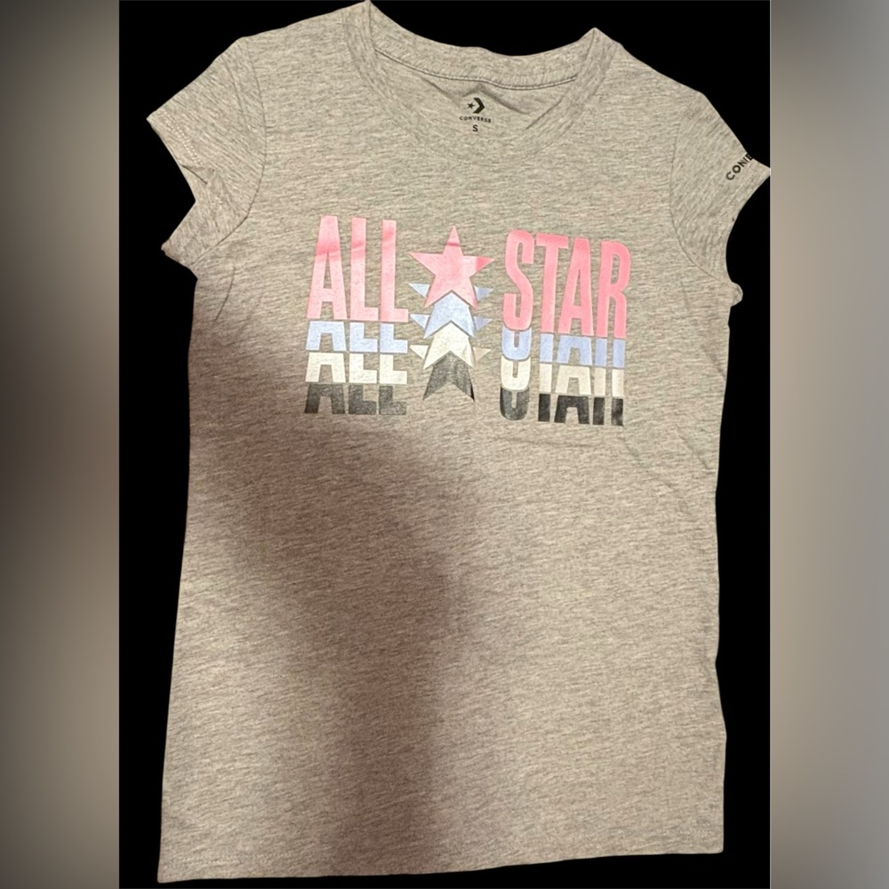 Converse Kids 'All Star' Short Sleeve Tee - Gray with Pink & Blue Graphics
